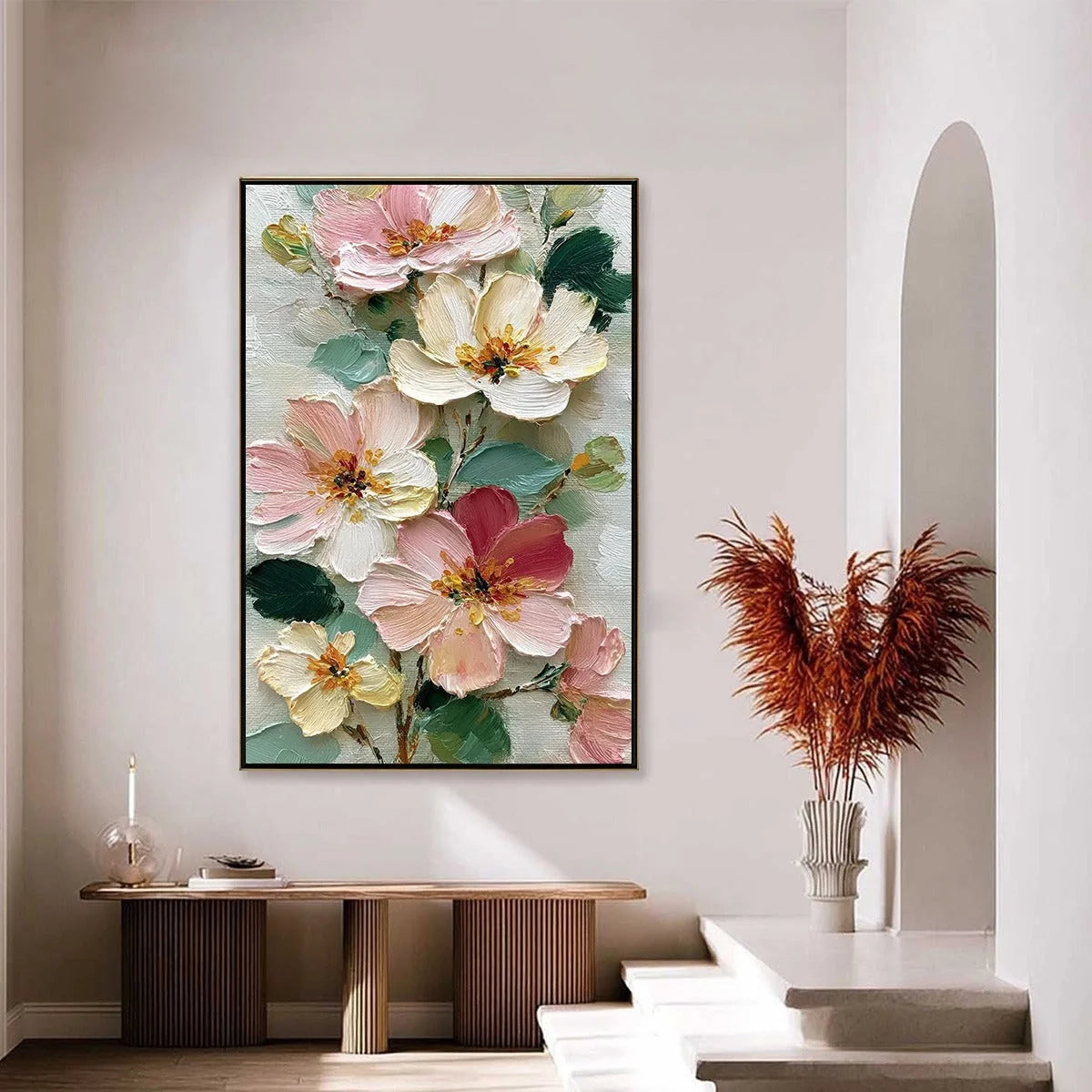 PETAL SERENADE: Vertical Textured Impasto Floral Oil Painting | black frame version on white wall