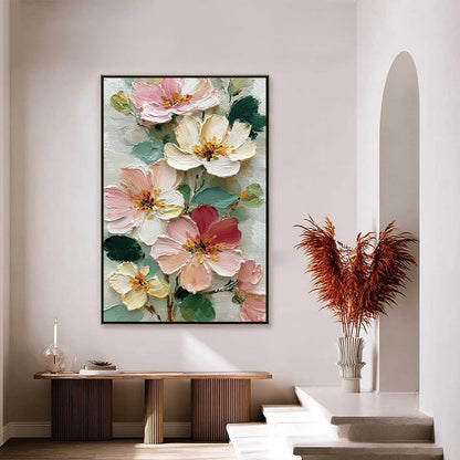 PETAL SERENADE: Vertical Textured Impasto Floral Oil Painting | black frame version on white wall