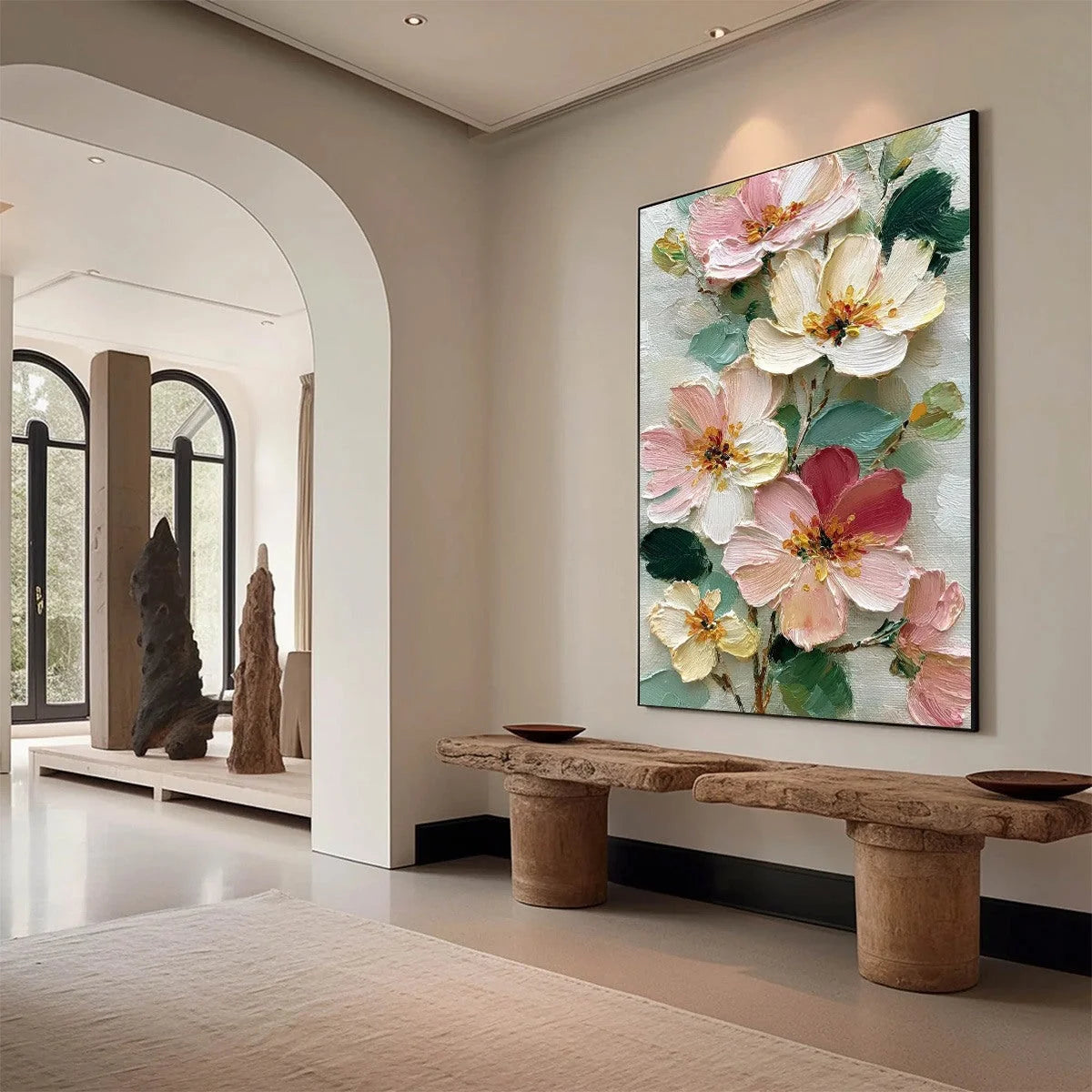 PETAL SERENADE: Vertical Textured Impasto Floral Oil Painting | Abstract mood, soft natural light studio shot