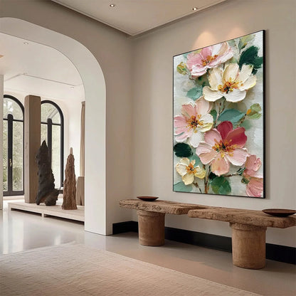 PETAL SERENADE: Vertical Textured Impasto Floral Oil Painting | Abstract mood, soft natural light studio shot