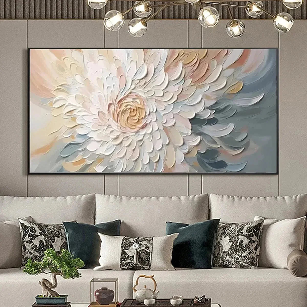 PETAL WHIRL: Textured Floral Painting in Neutral Tones | Abstract closeup, raised brushwork detail