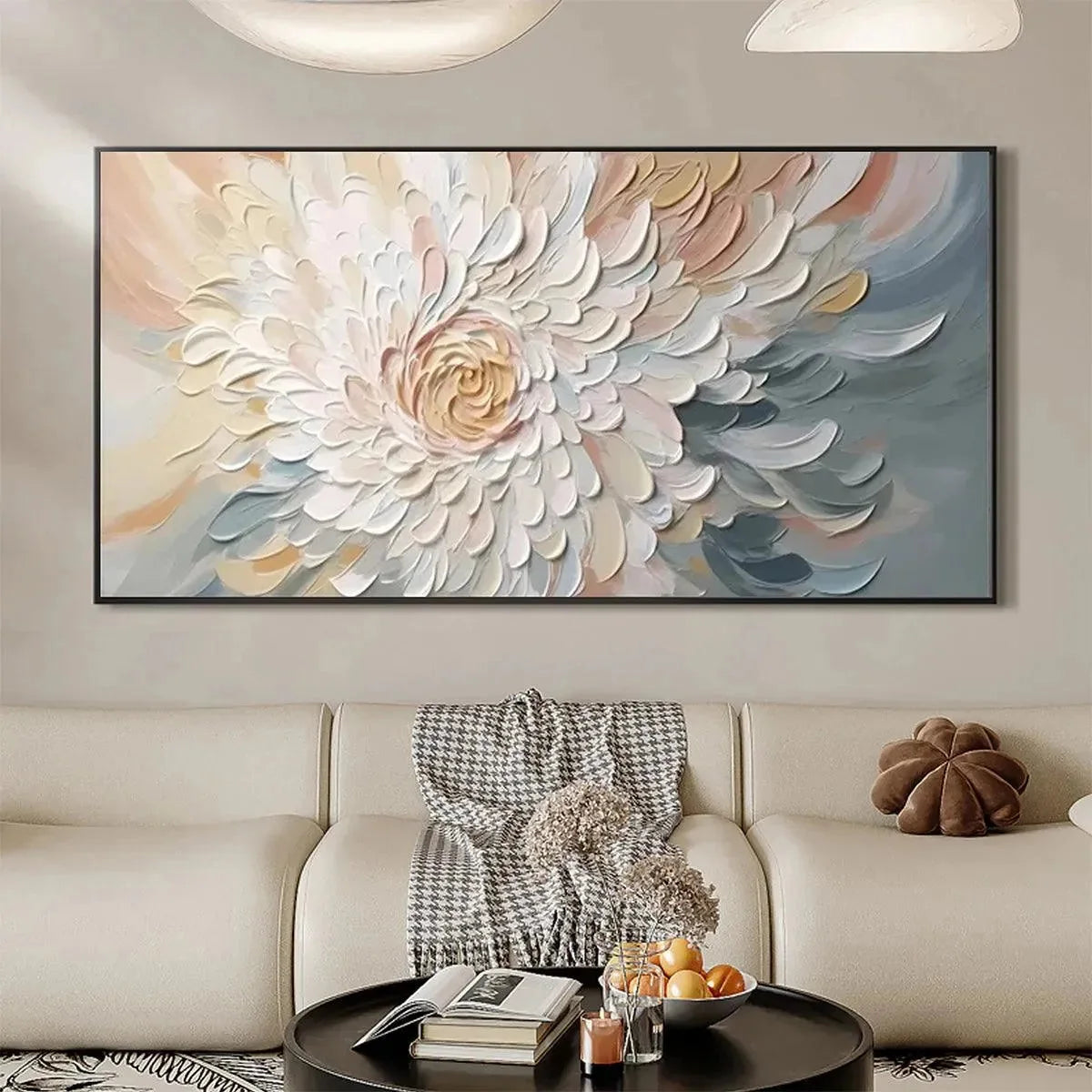 PETAL WHIRL: Textured Floral Painting in Neutral Tones | gold frame stretched on neutral wall