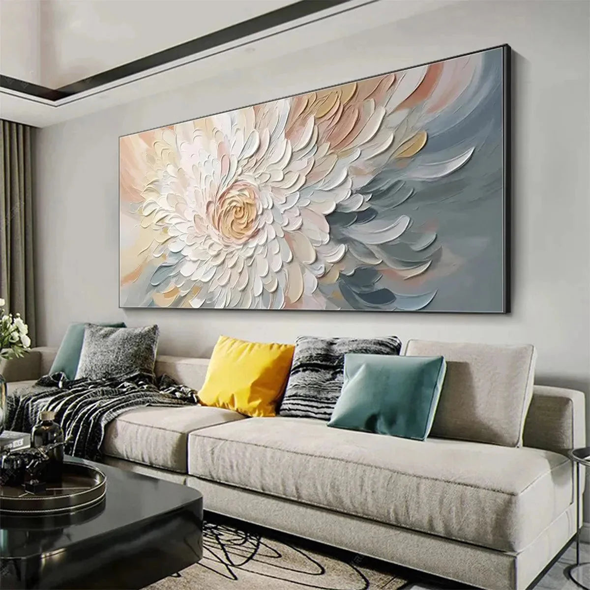 PETAL WHIRL: Textured Floral Painting in Neutral Tones | Abstract mood, soft natural light studio shot