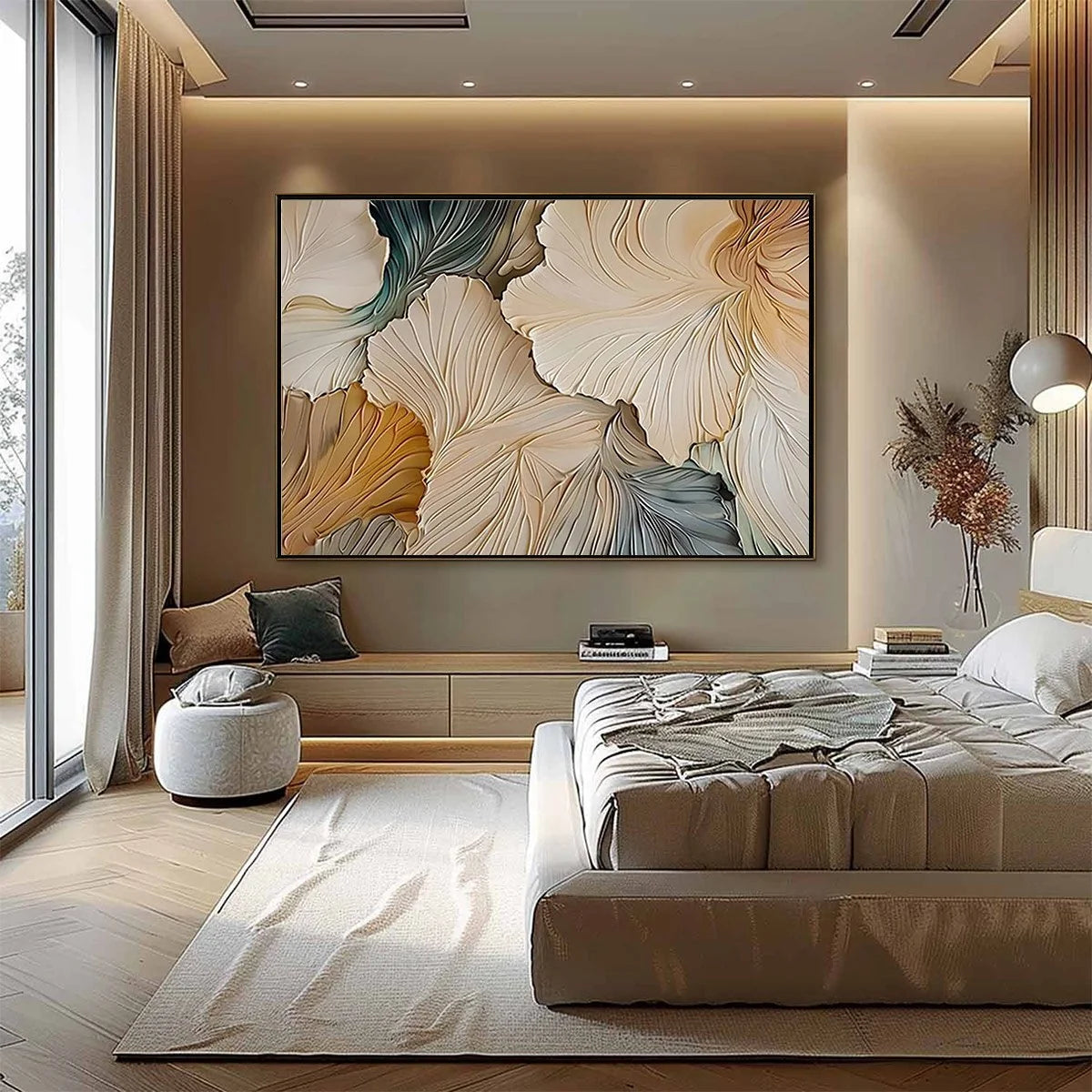 PETAL WHISPER: Soft Impressionist Floral Oil Painting | gold frame stretched on neutral wall