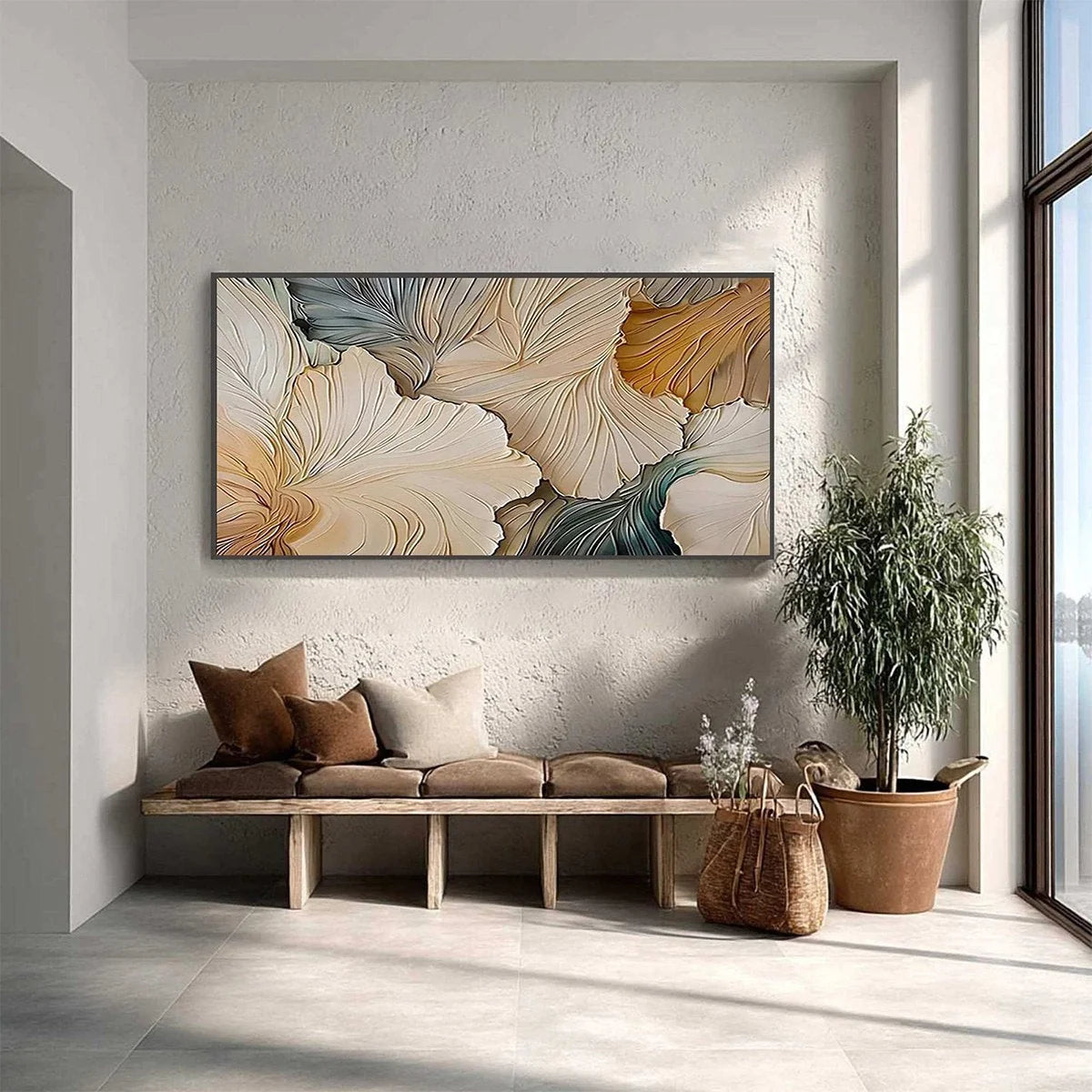 PETAL WHISPERS: Textured Wabi Sabi Abstract Leaf Painting | gold frame stretched on neutral wall
