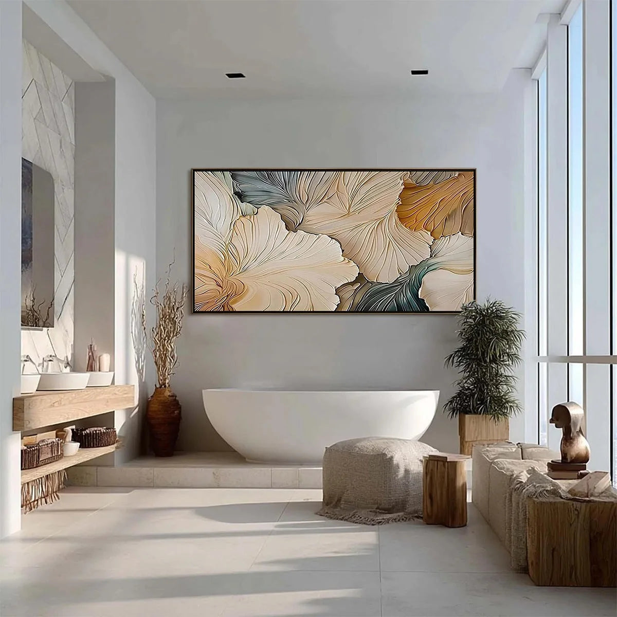 PETAL WHISPERS: Textured Wabi Sabi Abstract Leaf Painting | black frame version on white wall