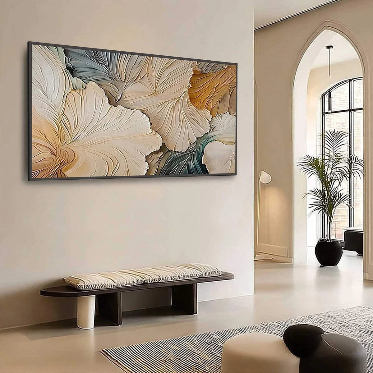 PETAL WHISPERS: Textured Wabi Sabi Abstract Leaf Painting | Abstract mood, soft natural light studio shot