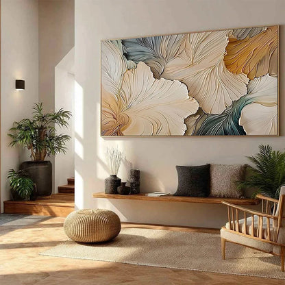 PETAL WHISPERS: Textured Wabi Sabi Abstract Leaf Painting | multi-color palette, original oil on stretched canvas art