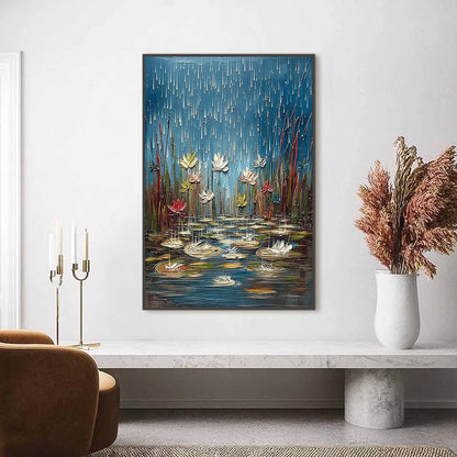 PETRICHOR BLOSSOMS: Textured Impasto Painting of Water Lilies in the Rain | Abstract closeup, raised brushwork detail