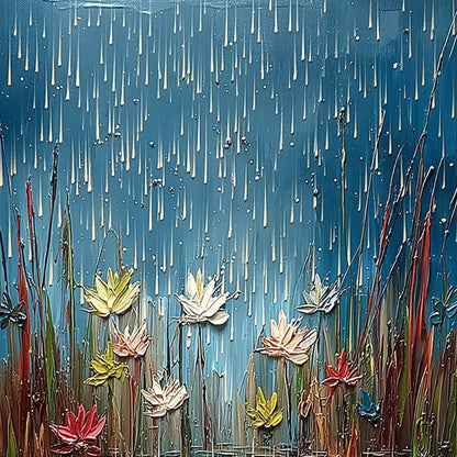 PETRICHOR BLOSSOMS: Textured Impasto Painting of Water Lilies in the Rain | rectangular format, hand-painted canvas edge