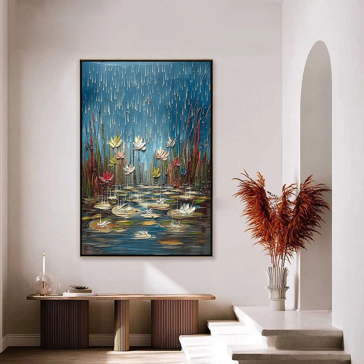 PETRICHOR BLOSSOMS: Textured Impasto Painting of Water Lilies in the Rain | gold frame stretched on neutral wall