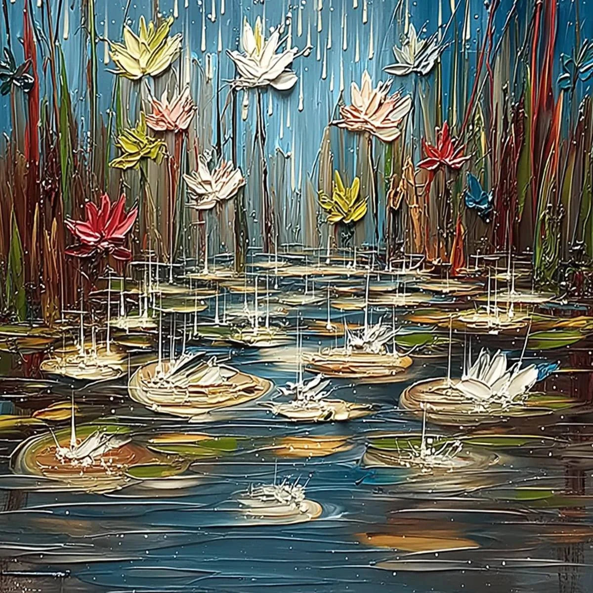 PETRICHOR BLOSSOMS: Textured Impasto Painting of Water Lilies in the Rain | rolled canvas, ready for custom framing