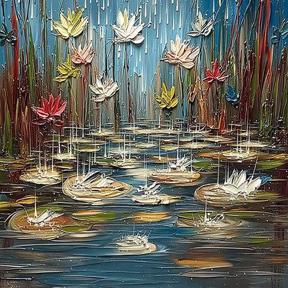 PETRICHOR BLOSSOMS: Textured Impasto Painting of Water Lilies in the Rain | rolled canvas, ready for custom framing