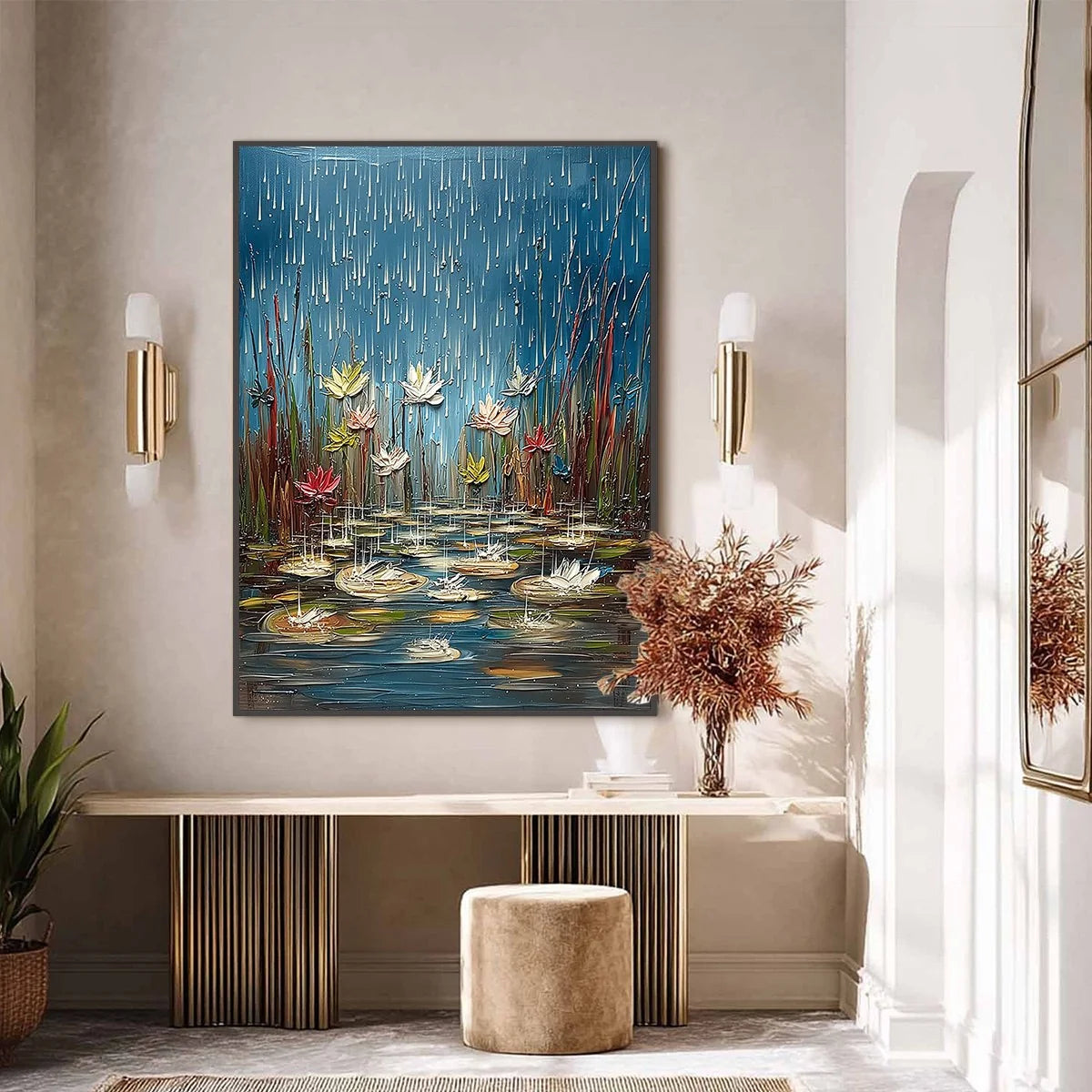 PETRICHOR BLOSSOMS: Textured Impasto Painting of Water Lilies in the Rain | black frame version on white wall