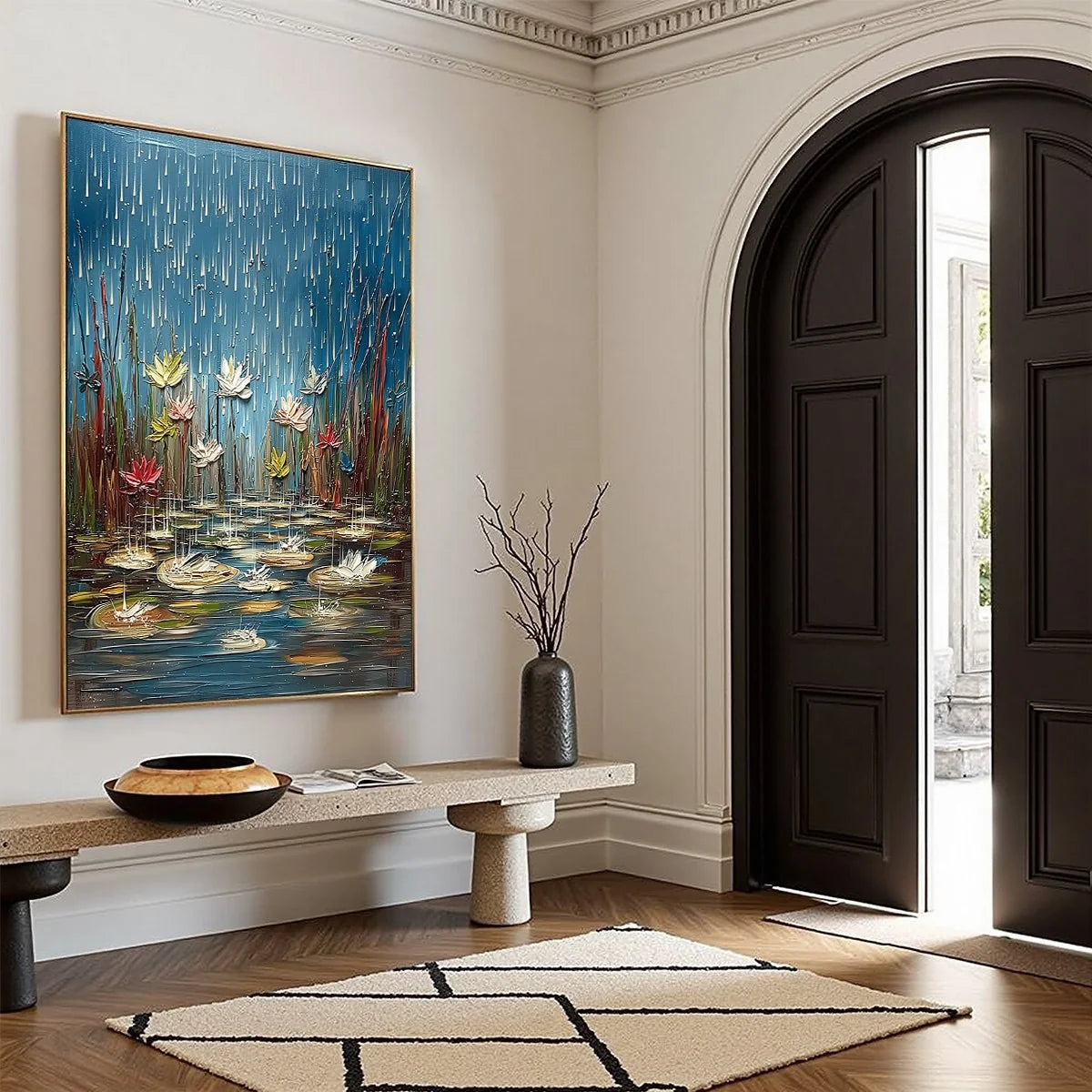 PETRICHOR BLOSSOMS: Textured Impasto Painting of Water Lilies in the Rain | multi-color palette, original oil on stretched canvas art