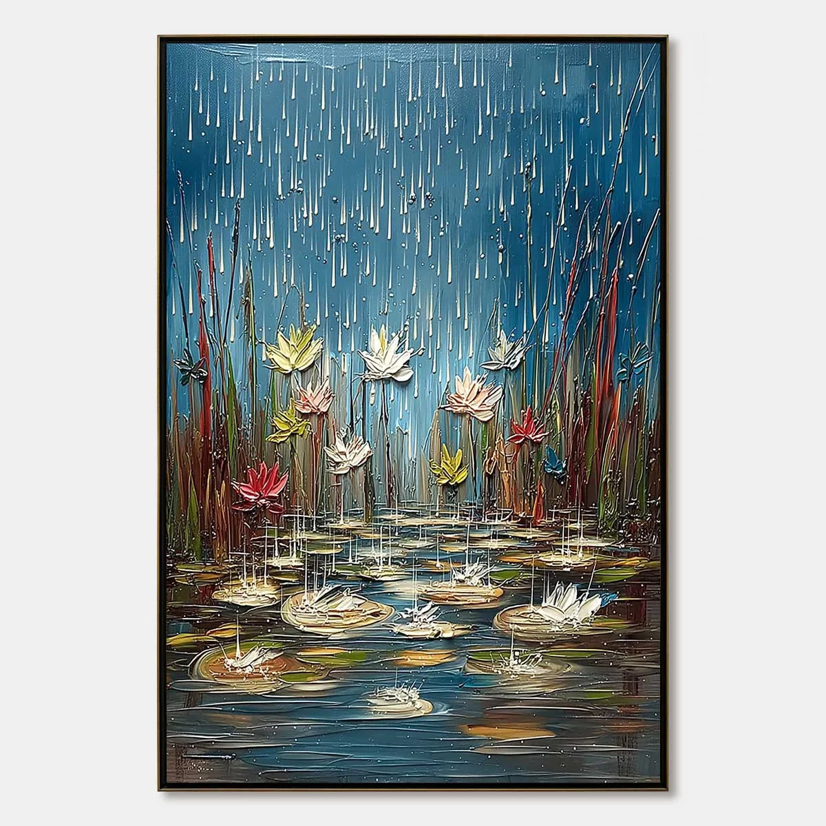 PETRICHOR BLOSSOMS: Textured Impasto Painting of Water Lilies in the Rain | hanging in living room, Abstract wall art
