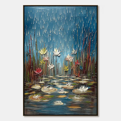 PETRICHOR BLOSSOMS: Textured Impasto Painting of Water Lilies in the Rain | hanging in living room, Abstract wall art
