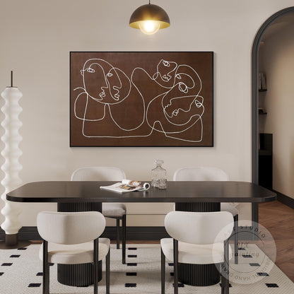 Picasso Line Art – Brown Abstract Face Painting, Minimalist Canvas Wall Art, Mod #3