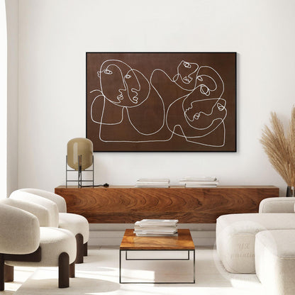 Picasso Line Art – Brown Abstract Face Painting, Minimalist Canvas Wall Art, Mod #4
