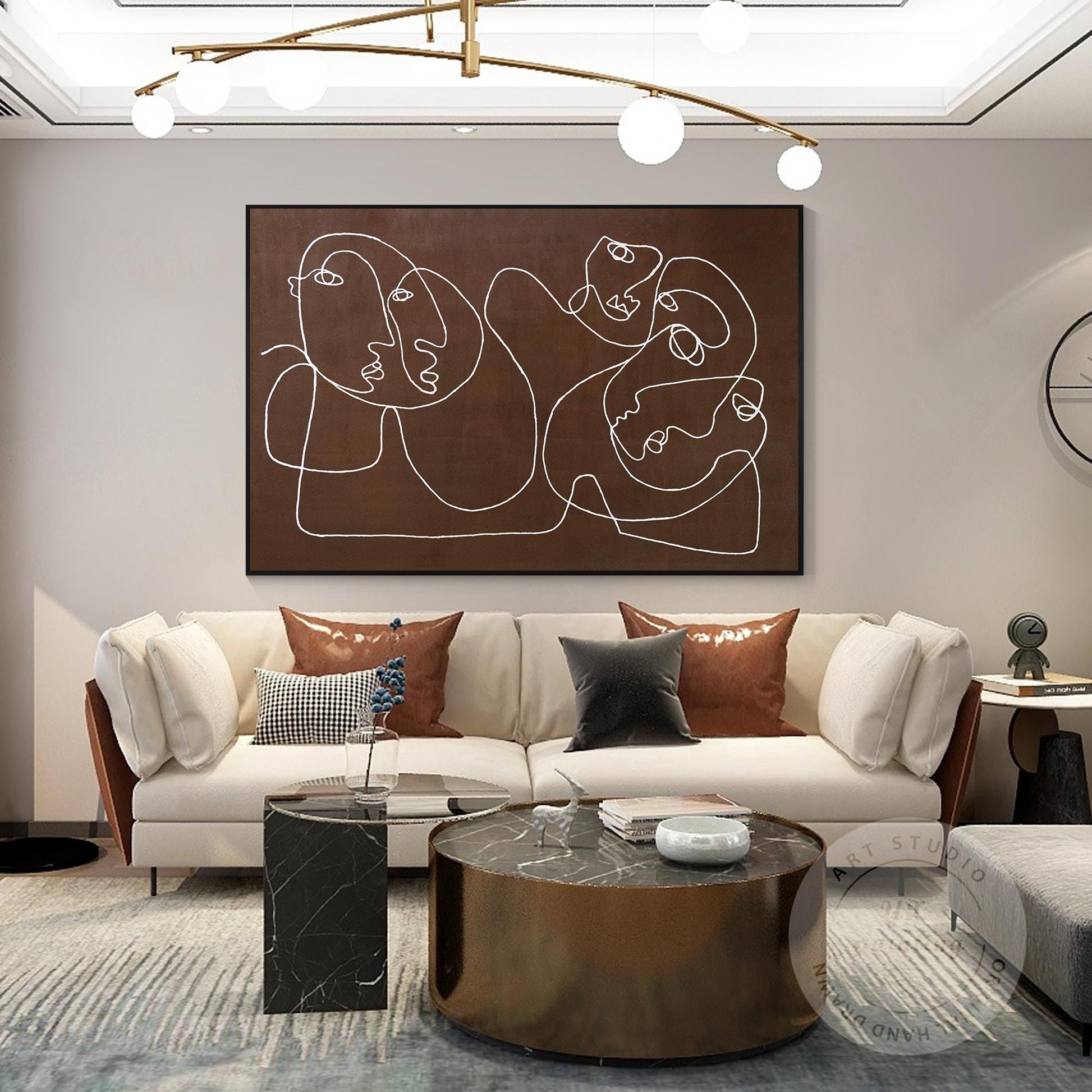 Picasso Line Art – Brown Abstract Face Painting, Minimalist Canvas Wall Art, Mod #5