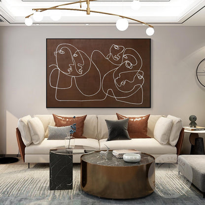Picasso Line Art – Brown Abstract Face Painting, Minimalist Canvas Wall Art, Mod #5