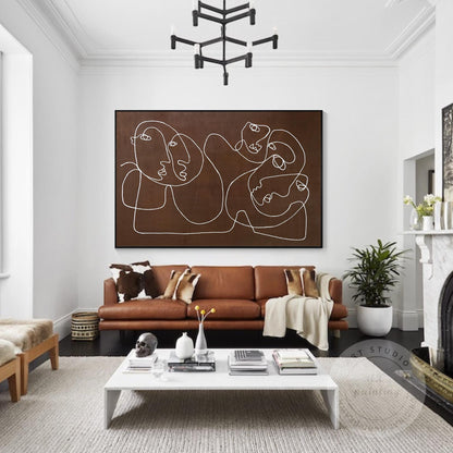 Picasso Line Art – Brown Abstract Face Painting, Minimalist Canvas Wall Art, Mod #6
