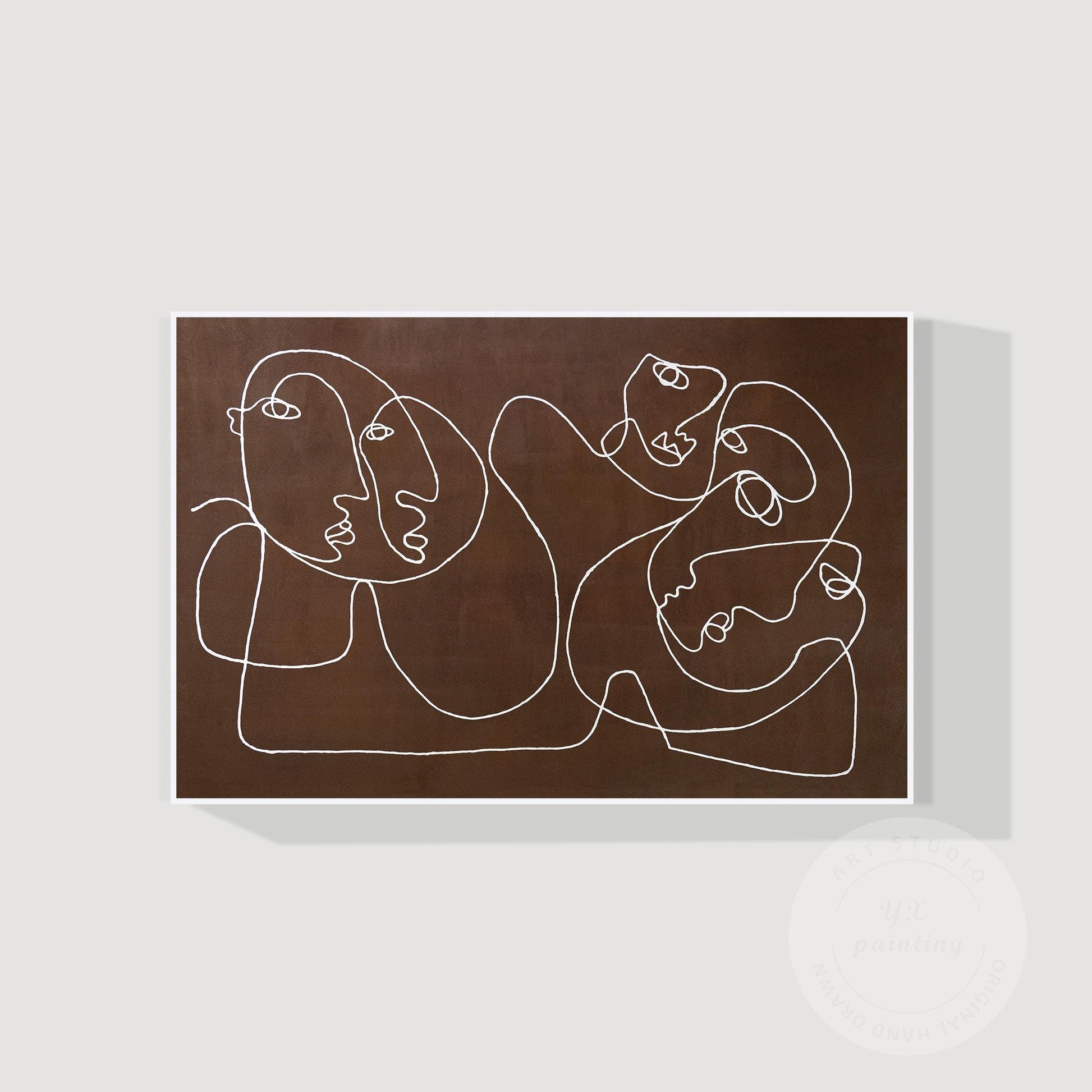 Picasso Line Art – Brown Abstract Face Painting, Minimalist Canvas Wall Art, Mod #7