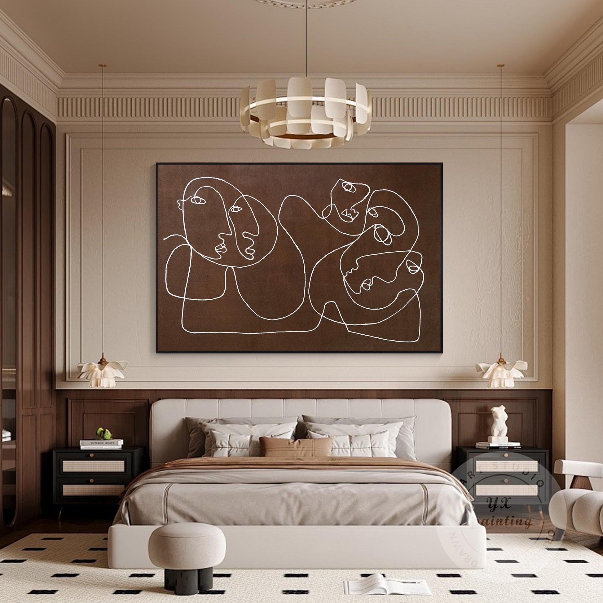 Picasso Line Art – Brown Abstract Face Painting, Minimalist Canvas Wall Art, Mod #1