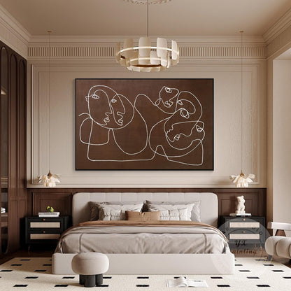 Picasso Line Art – Brown Abstract Face Painting, Minimalist Canvas Wall Art, Mod #1