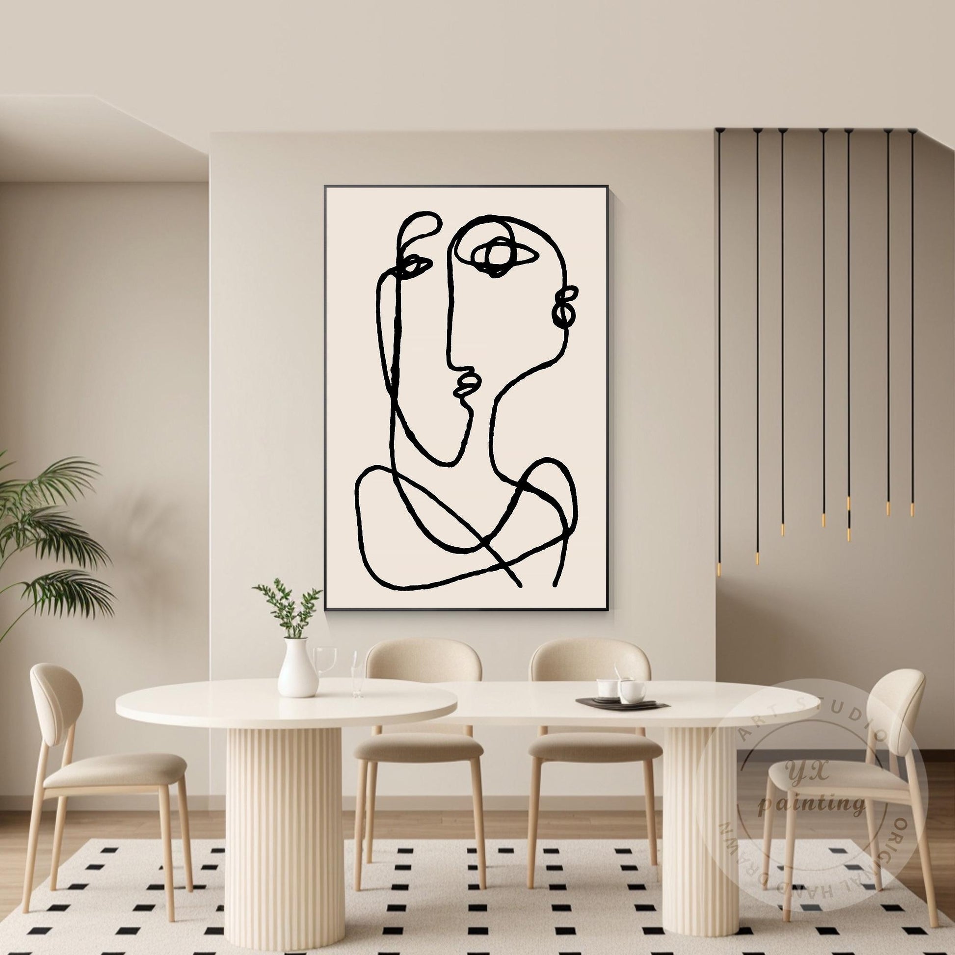Picasso Line Art Canvas – Beige Abstract Painting, Minimalist Boho Wall Art, Mod #3