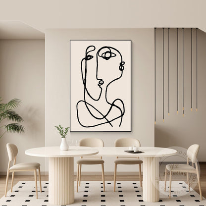Picasso Line Art Canvas – Beige Abstract Painting, Minimalist Boho Wall Art, Mod #3