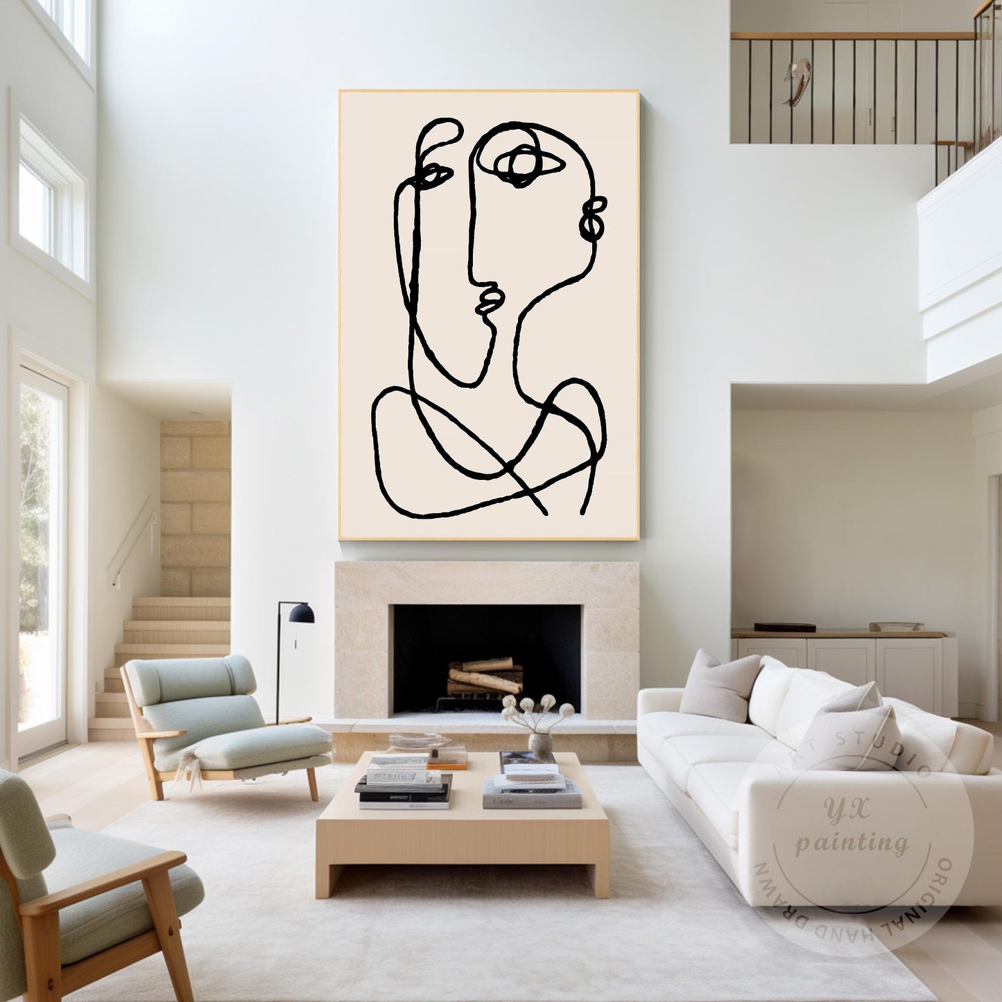 Picasso Line Art Canvas – Beige Abstract Painting, Minimalist Boho Wall Art, Mod #4