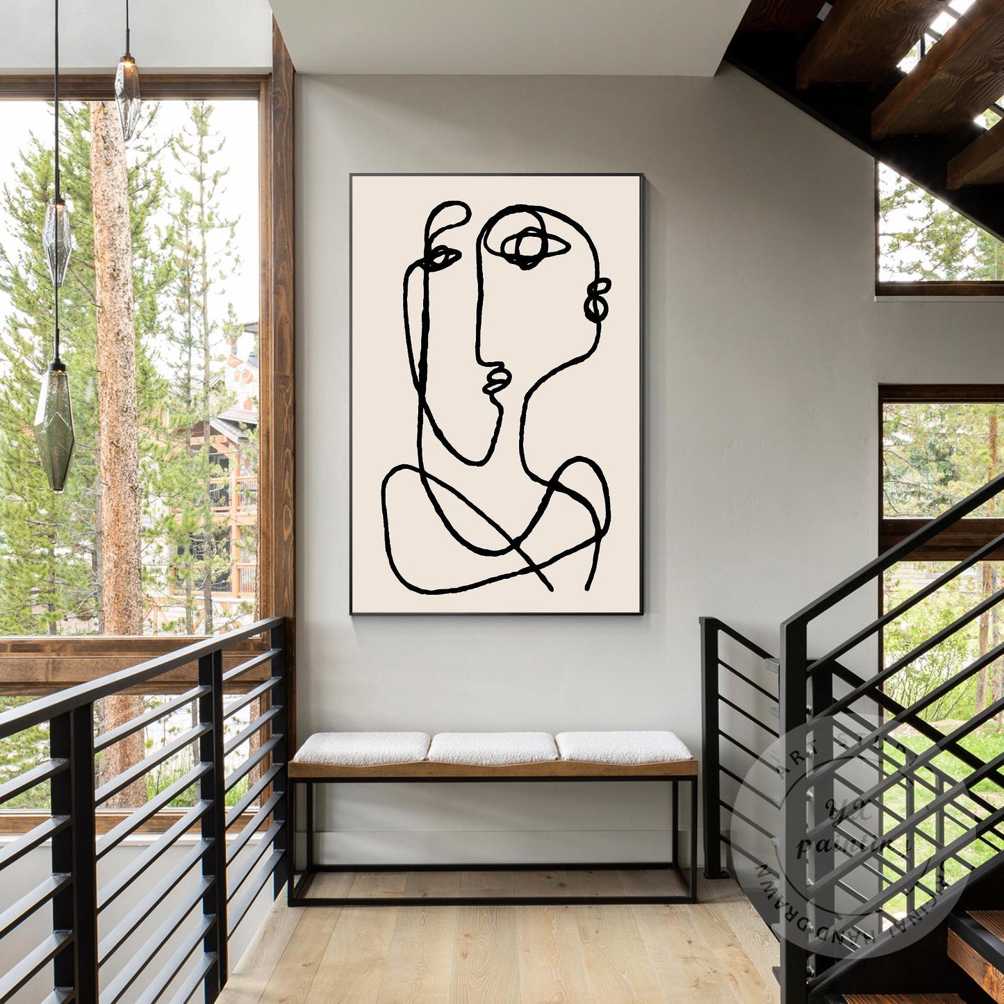 Picasso Line Art Canvas – Beige Abstract Painting, Minimalist Boho Wall Art, Mod #5