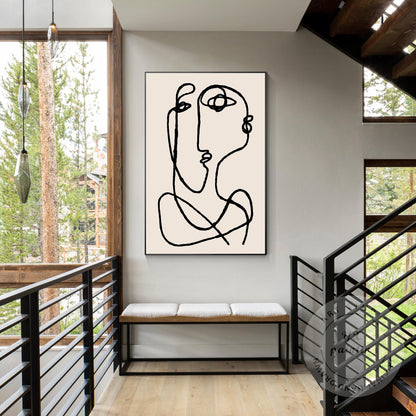 Picasso Line Art Canvas – Beige Abstract Painting, Minimalist Boho Wall Art, Mod #5