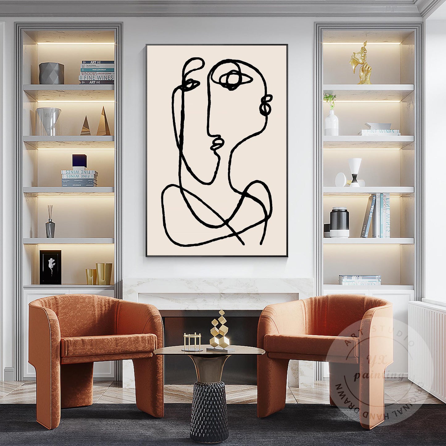 Picasso Line Art Canvas – Beige Abstract Painting, Minimalist Boho Wall Art, Mod #6