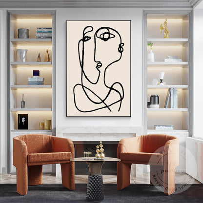 Picasso Line Art Canvas – Beige Abstract Painting, Minimalist Boho Wall Art, Mod #6