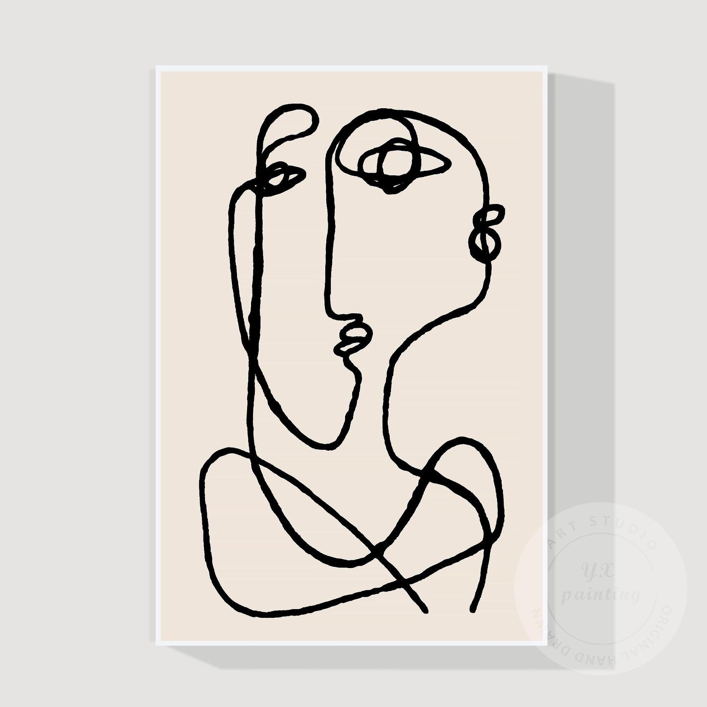 Picasso Line Art Canvas – Beige Abstract Painting, Minimalist Boho Wall Art, Mod #8