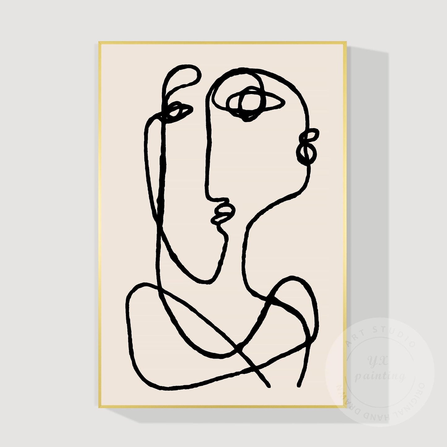 Picasso Line Art Canvas – Beige Abstract Painting, Minimalist Boho Wall Art, Mod #10