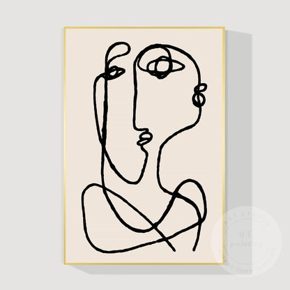 Picasso Line Art Canvas – Beige Abstract Painting, Minimalist Boho Wall Art, Mod #10