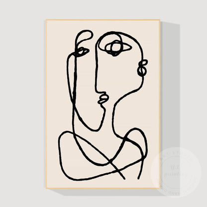 Picasso Line Art Canvas – Beige Abstract Painting, Minimalist Boho Wall Art, Mod #1