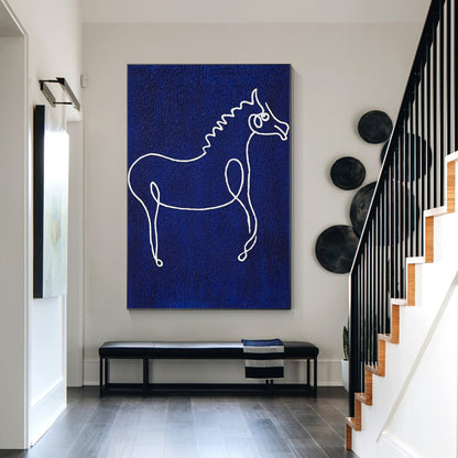 Picasso Line Art Horse Painting: Navy Blue Minimalist Canvas Wall Decor #2