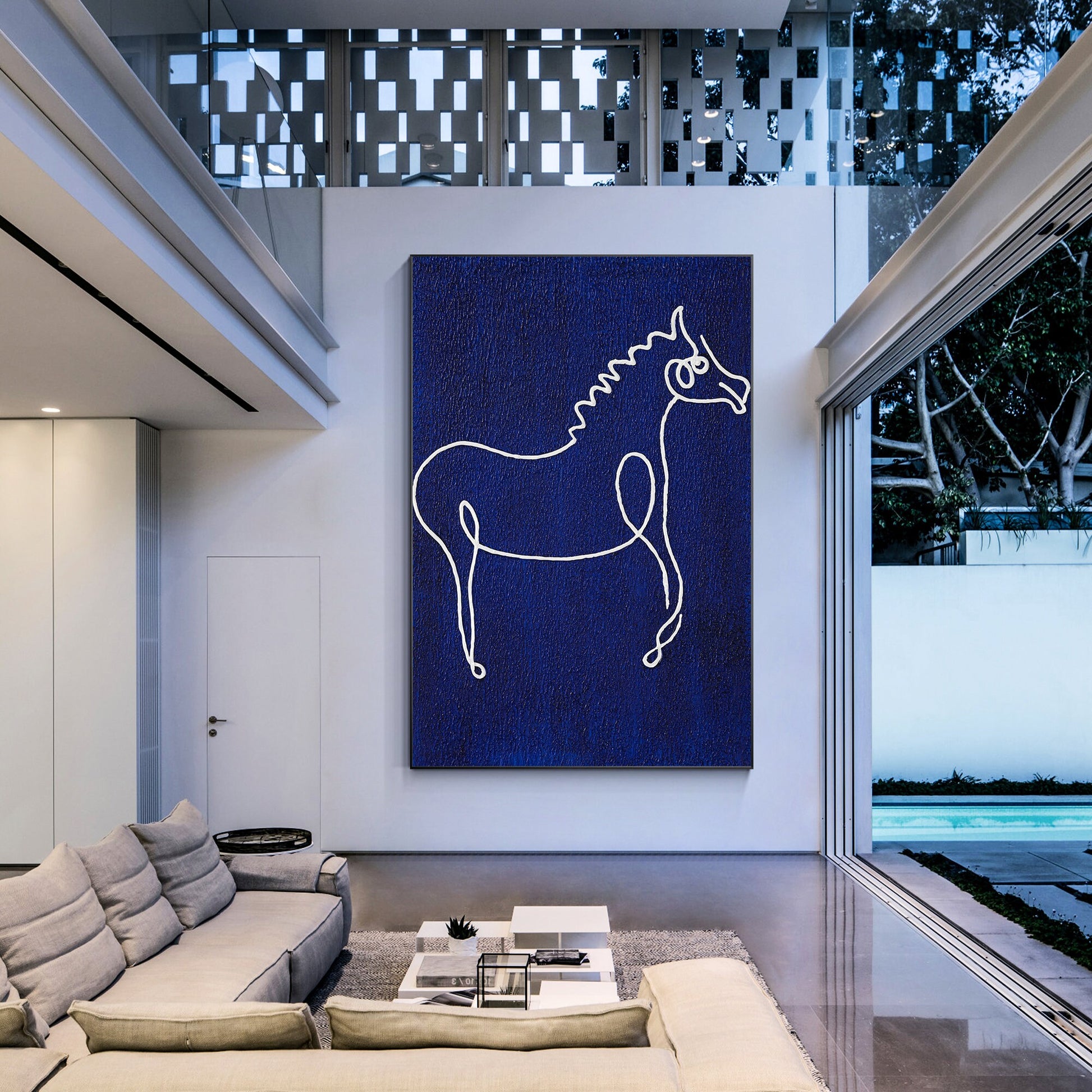 Picasso Line Art Horse Painting: Navy Blue Minimalist Canvas Wall Decor #3