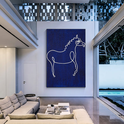 Picasso Line Art Horse Painting: Navy Blue Minimalist Canvas Wall Decor #3