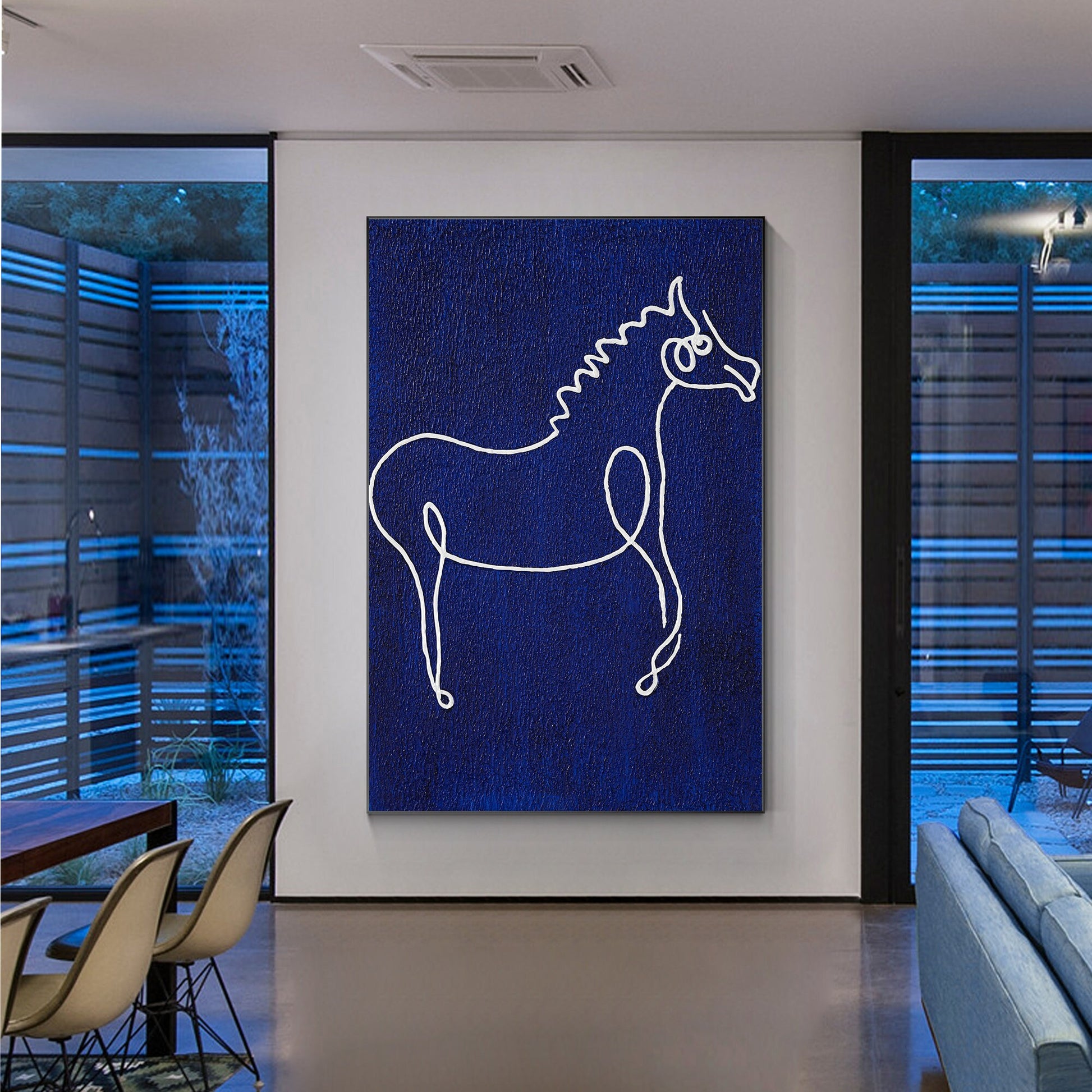 Picasso Line Art Horse Painting: Navy Blue Minimalist Canvas Wall Decor #4