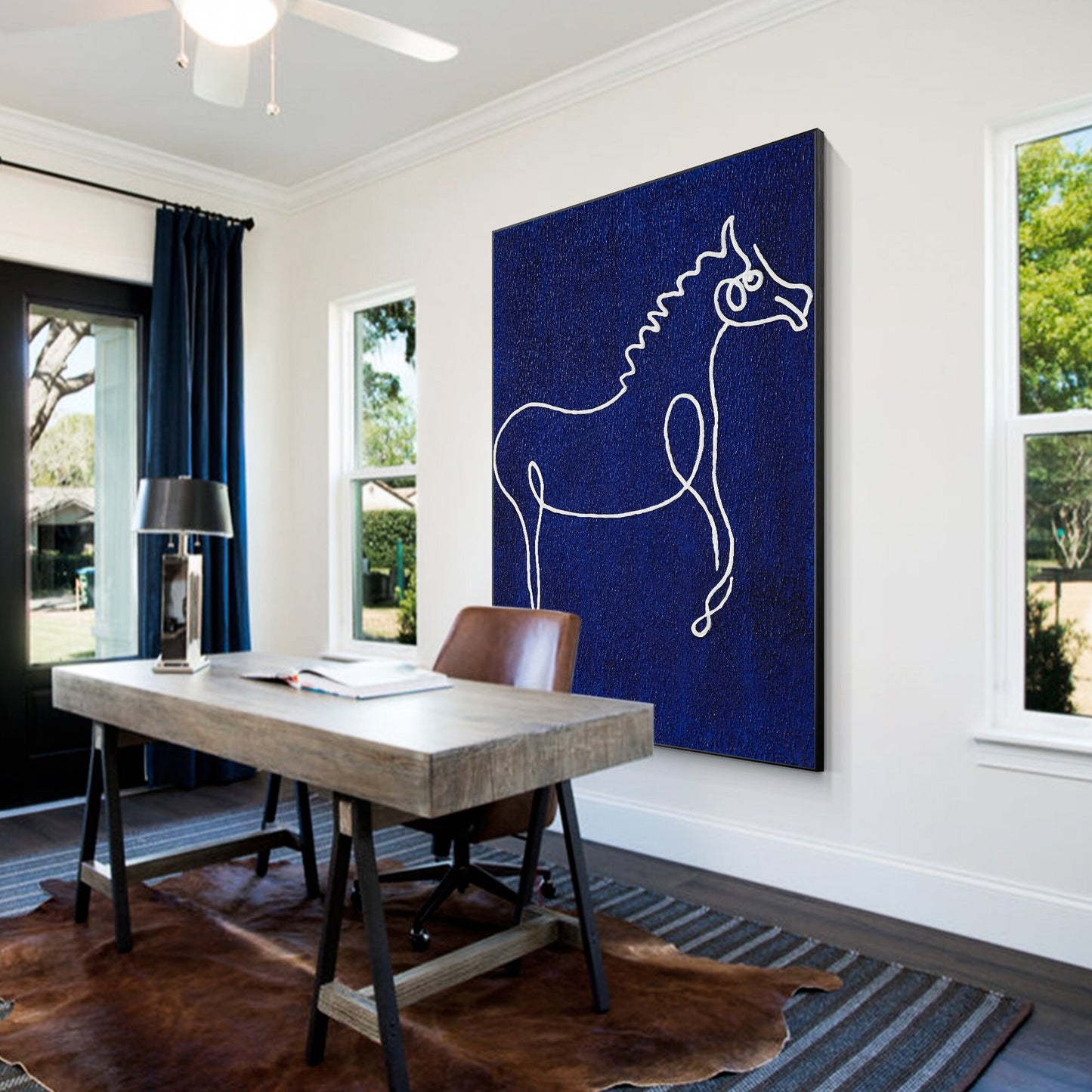 Picasso Line Art Horse Painting: Navy Blue Minimalist Canvas Wall Decor #5