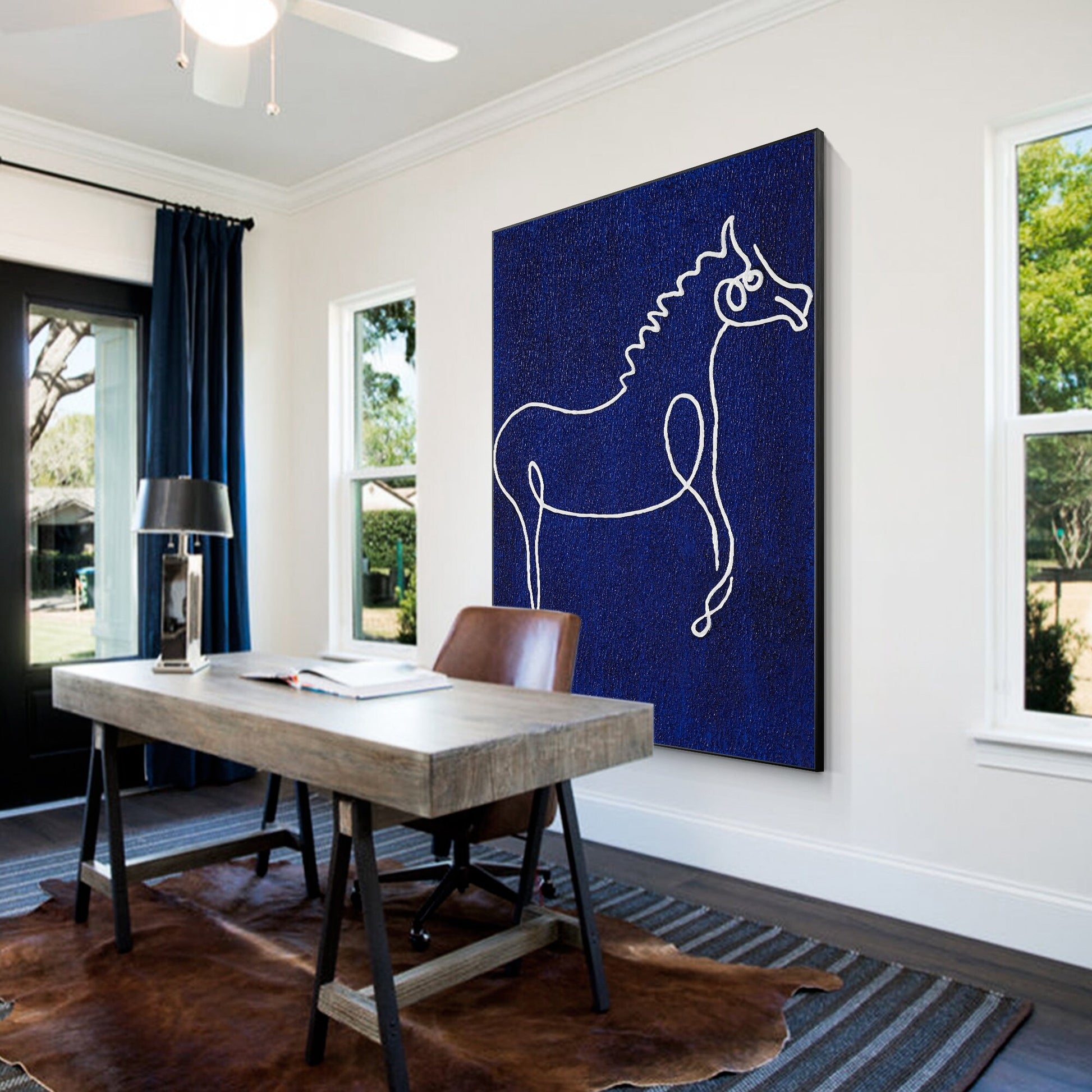 Picasso Line Art Horse Painting: Navy Blue Minimalist Canvas Wall Decor #5