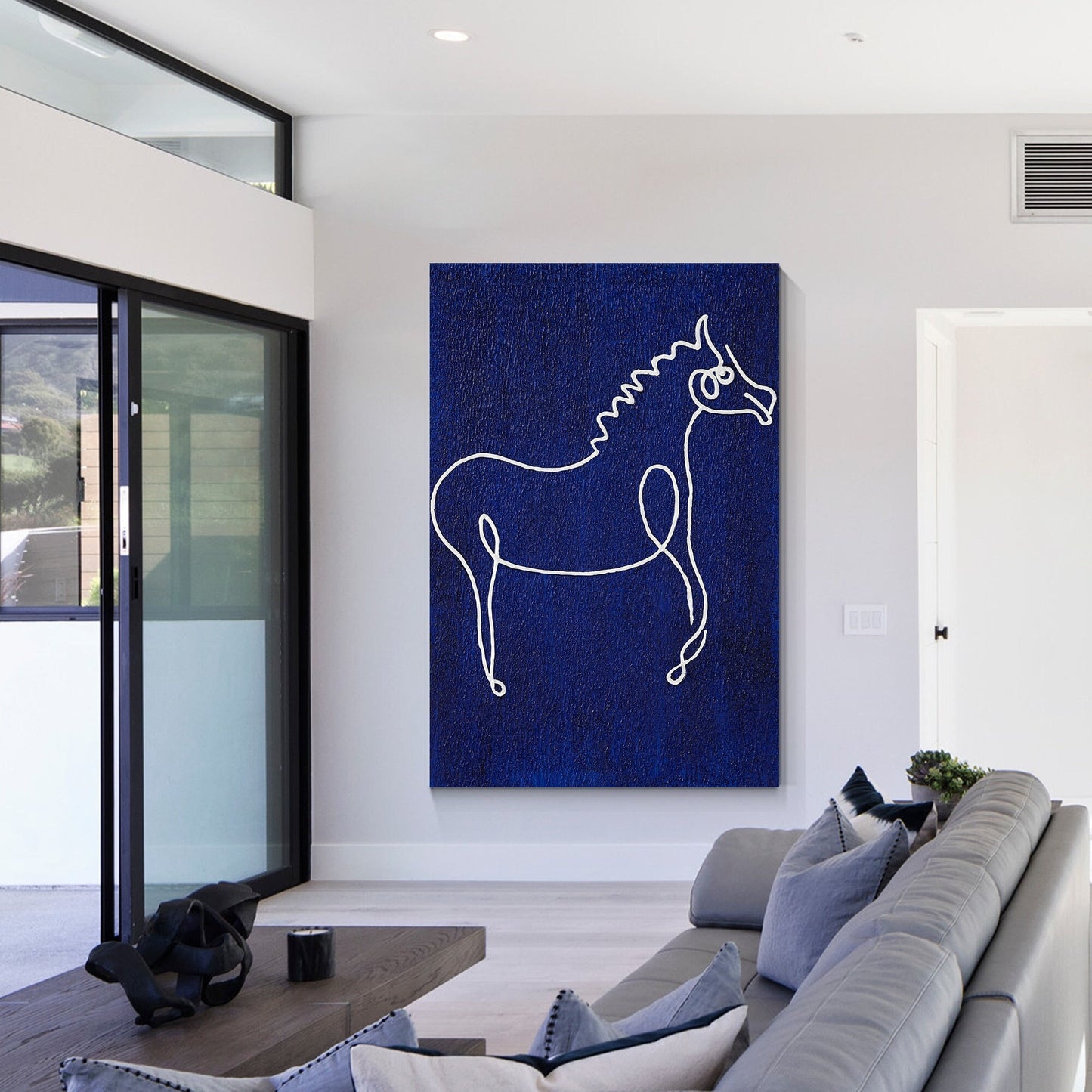 Picasso Line Art Horse Painting: Navy Blue Minimalist Canvas Wall Decor #1