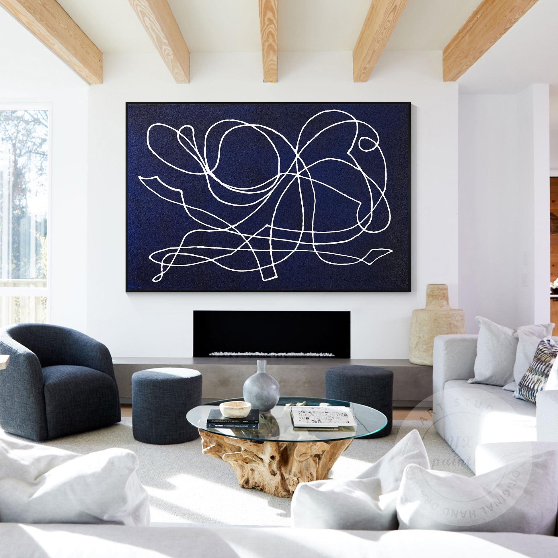 Picasso Line Art: Navy Blue Abstract Painting on Canvas #2