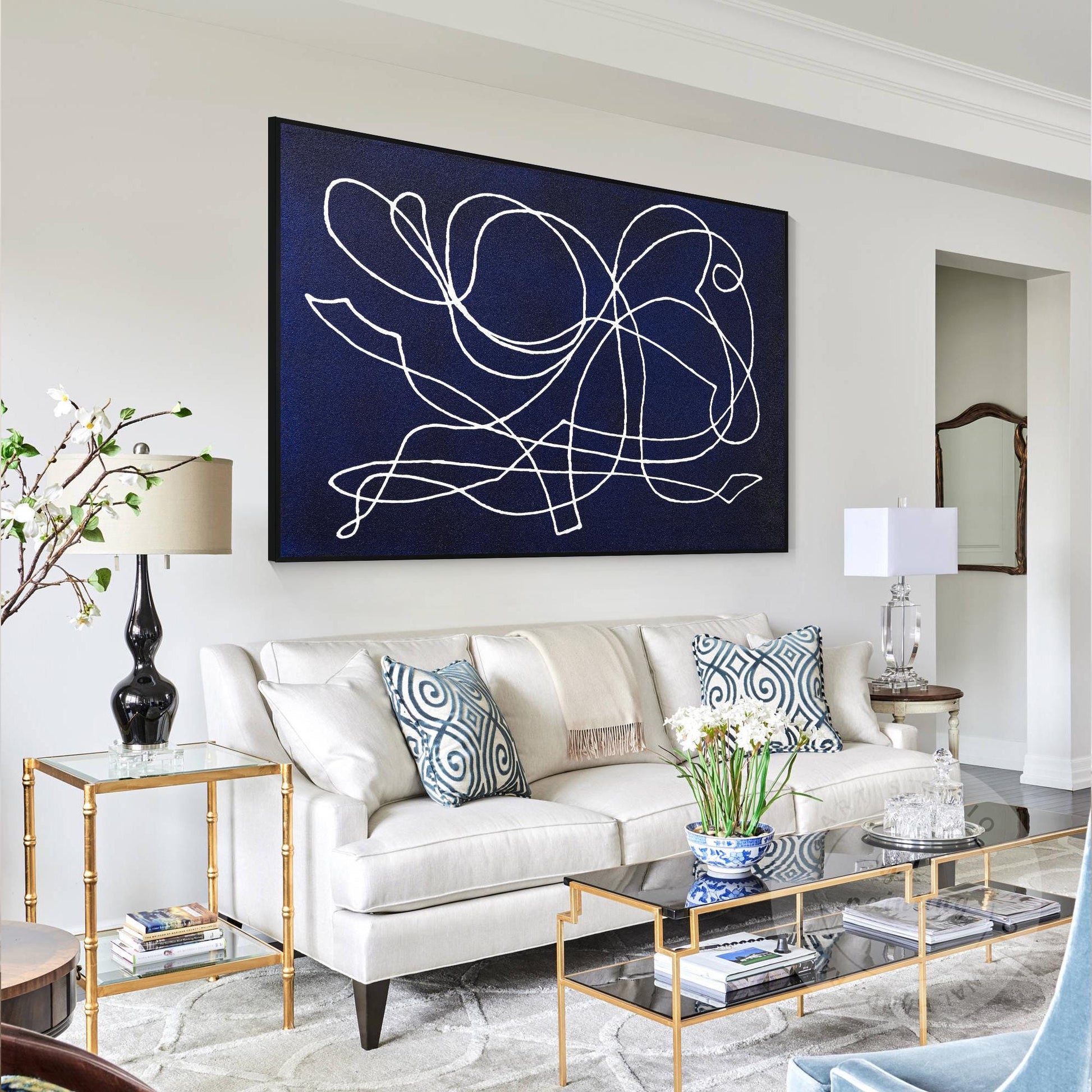 Picasso Line Art: Navy Blue Abstract Painting on Canvas #3