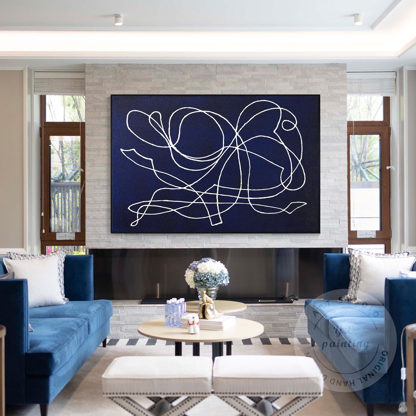 Picasso Line Art: Navy Blue Abstract Painting on Canvas #1